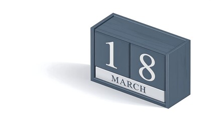 Isometric view of a wooden calendar displaying the date March 18th, casting a gentle shadow on a white background