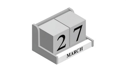Isometric view of a wooden calendar showing the date March 27. The blocks are white and grey with black numerals