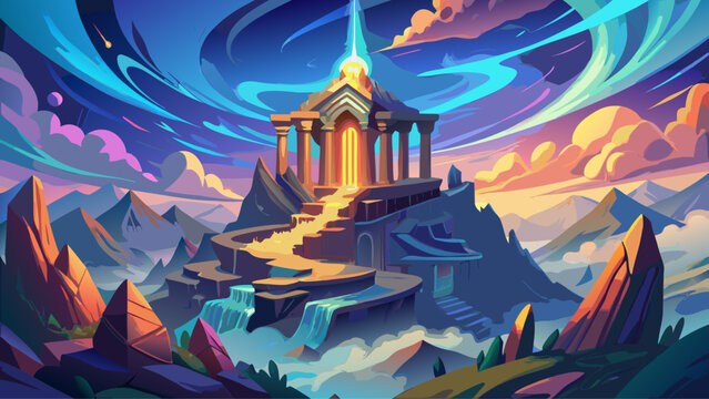 Close-up of Mount Olympus peak, glowing aura, surreal divine light, fantasy details, dreamlike architecture, mythical environment, imaginative illustration, epic artwork, magical close-up, legendary 