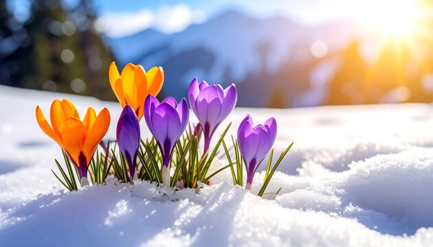 Colorful crocuses blooming through a snowy landscape, lit by the sun with mountains in the background