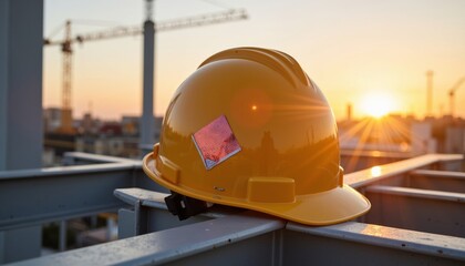Yellow construction helmet placed on building site at sunset  