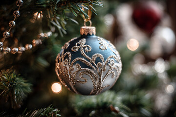 a blue and silver ornament hanging from a christmas tree