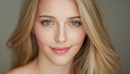 Obraz premium young woman with long blonde hair and blue eyes wearing natural makeup smiling softly against neutral background
