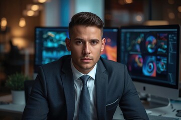 Fototapeta premium Businessman in formal suit sitting at desk with computer monitors displaying graphics in modern office environment focusing on viewer with serious expression