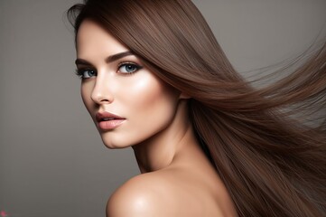 Fototapeta premium closeup portrait of a woman with smooth brown hair and natural makeup against a neutral background highlighting her features and hairstyle