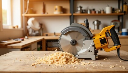 Electric circular saw on wooden table with sawdust in workshop  
