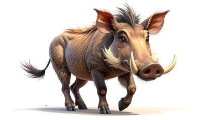Digital art of a cartoonish, detailed warthog with large tusks, walking forward against a white background. Depiction features textures