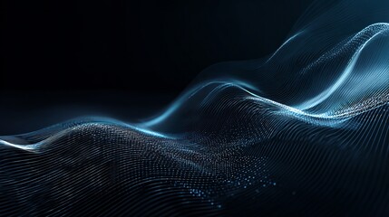 Abstract Blue Digital Wave Background with Glowing Lines and Particles Representing Data, Technology, and Network