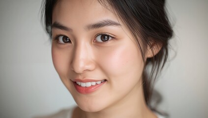 Obraz premium close-up portrait of a young woman with freckles on her cheeks smiling softly with natural makeup and long dark hair styled casually against a neutral background