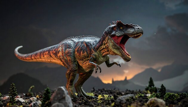 A fierce, detailed Tyrannosaurus Rex, roaring against a dramatic, stormy sky backdrop over a rocky terrain