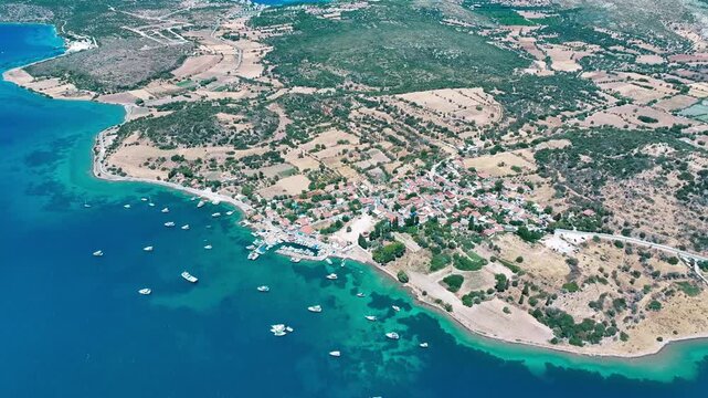 Aegean sea and Izmir Ildir village - drone shooting of the fishing town