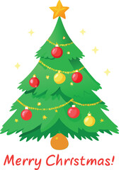 Obraz premium Festive green christmas tree with ornaments and star topper wishing merry christmas