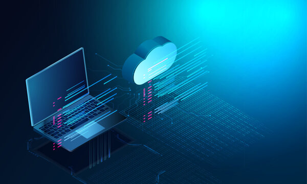 Cloud storage connecting remote with laptop. Programming code isometric vector concept. Work remote with team and synchronization with cloud service via the internet.