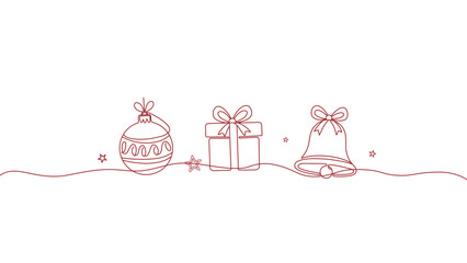 Christmas ornament gift bell red continuous one line art border on white background.