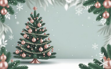 Minimalist Christmas Tree with Rose Gold Ornaments on a Pastel Mint Green Background with Snowflakes and Pine Frame