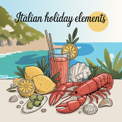 An inviting illustration of italian holiday elements, showcasing lemons, cocktails, and lobster against a scenic coastal backdrop, capturing the essence of a mediterranean escape isolated on white bac