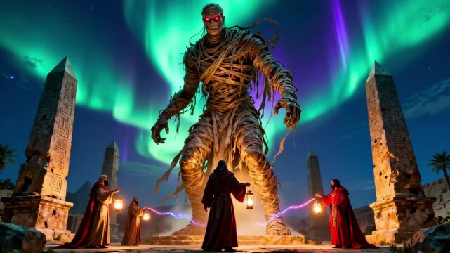 Terrifying giant fantasy mummy monster summoned in dark magic horror ritual on halloween in an ancient ruin