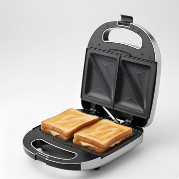 Open electric sandwich maker with two toasted grilled cheese sandwiches, isolated on a white background.