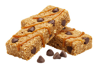 Isolated granola bars drizzled with caramel and chocolate chips on a bright surface, snack