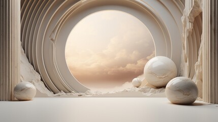 Futuristic Modern Architecture Interior with Circular Opening and Marble Spheres in Warm Light