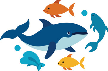 Fototapeta premium Cute marine animal bundle with whales dolphins and colorful fish vector illustration