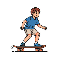 Energetic young boy joyfully rides his skateboard, embracing an active lifestyle with enthusiasm and skill, perfect for illustrating childhood fun and outdoor activities