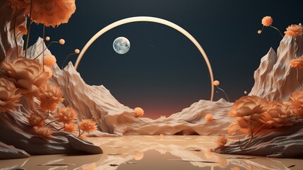 Futuristic Alien Landscape with Mountainous Terrain and Large Moon Under Starry Night Sky