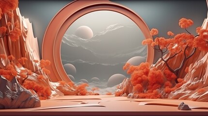 Futuristic Alien Landscape with Circular Portal and Orange Trees in Surreal Atmosphere