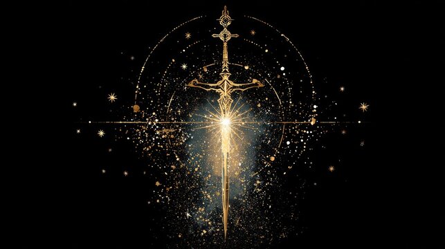 Elegant golden sword design against dark backdrop with symbolic elements