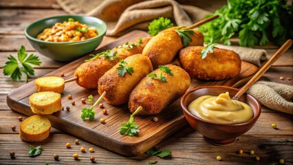 Appetizing Deep-Fried Sausage Rolls on Wooden Board with Dipping Sauce and Bread