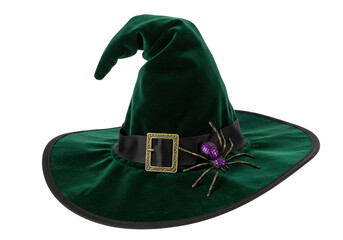 Isolated, green velvet witch hat with black band, golden buckle, purple spider brooch