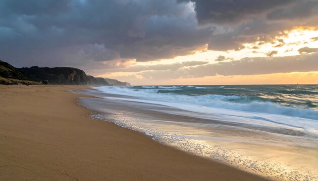 Golden hour over the ocean. Dark clouds cast shadows upon a sandy beach with waves rushing to shore. Distant land