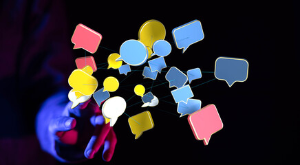Hand reaching towards multiple 3D speech bubbles, symbolizing communication, networking, and social...