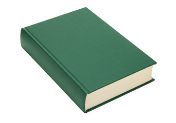 Isolated green hardcover book, clean fresh pages, blank cover space ready for custom designs