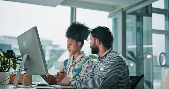 Meeting, business and man with woman on computer for online project, SEO research and website review. Professional, company and workers on pc in discussion for web analytics, software and teamwork