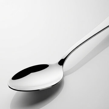 Close-up of a shiny stainless steel spoon isolated on a white background.