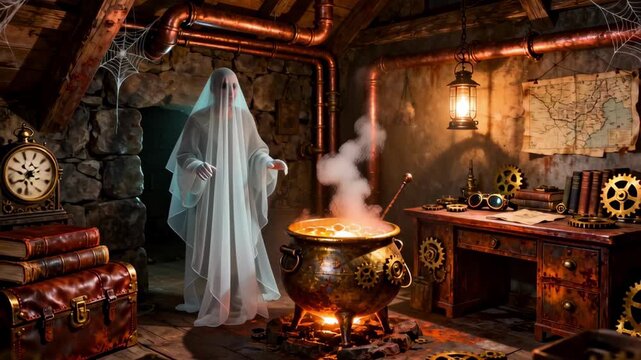 Spooky steampunk room scene shows ghost brewing magic potion in cauldron for mysterious, eerie halloween fantasy night
