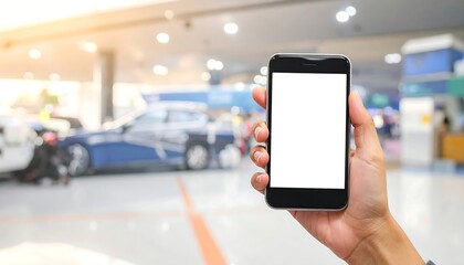 A hand holds a smartphone with a blank screen, blurred background shows a car and an indoor setting. Sunny, soft lighting