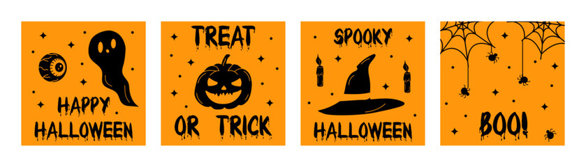 A set of square Halloween cards in black and orange. Perfect for seasonal greetings, party invitations, holiday decor, and social media sharing.