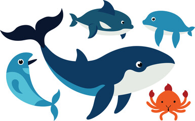 Marine animal vector bundle whales dolphins crabs ocean life illustration scalable eps