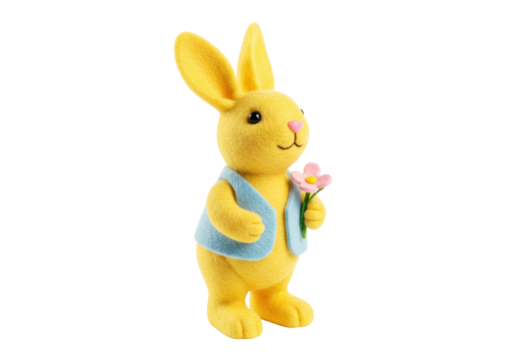 Isolated Easter yellow bunny holding a flower cute handmade felt toy spring animal art kid