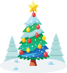 Obraz premium Festive christmas tree with ornaments snow and trees for holiday celebrations