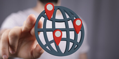 Hand interacts with a 3D globe, highlighting global reach and location tracking. Ideal for business, technology, and networking concepts.