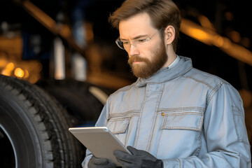 Focused mechanic in safety glasses and gloves uses tablet in workshop
