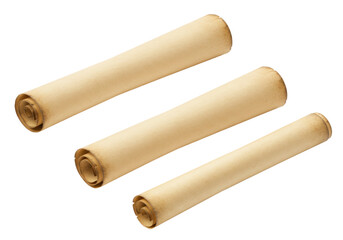 Isolated scrolls or rolled papyrus parchment documents stacked diagonally for design mockup
