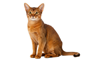 Isolated Abyssinian breed feline pet in studio facing camera, poised for cat product ads