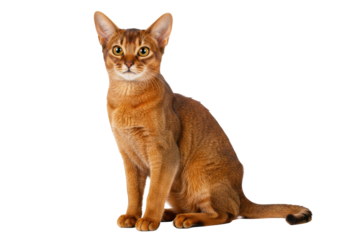 Isolated Abyssinian breed feline pet in studio facing camera, poised for cat product ads