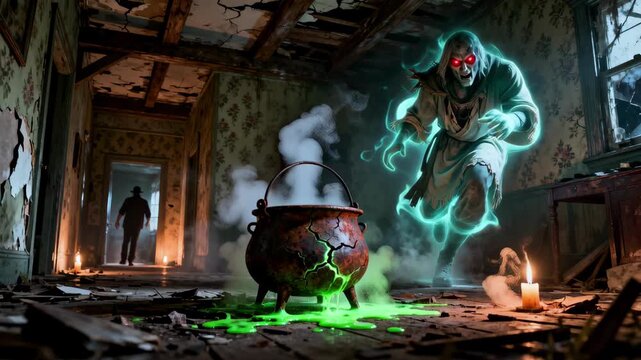 Terrifying halloween horror inside an abandoned house. scary ghost haunts with magic cauldron of bubbling green potion