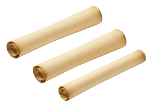 Isolated scrolls or rolled papyrus parchment documents stacked diagonally for design mockup