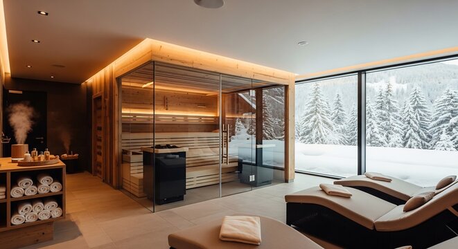 Sauna room with wood walls glass enclosure lounge chairs and snowcovered pine trees visible through a large window